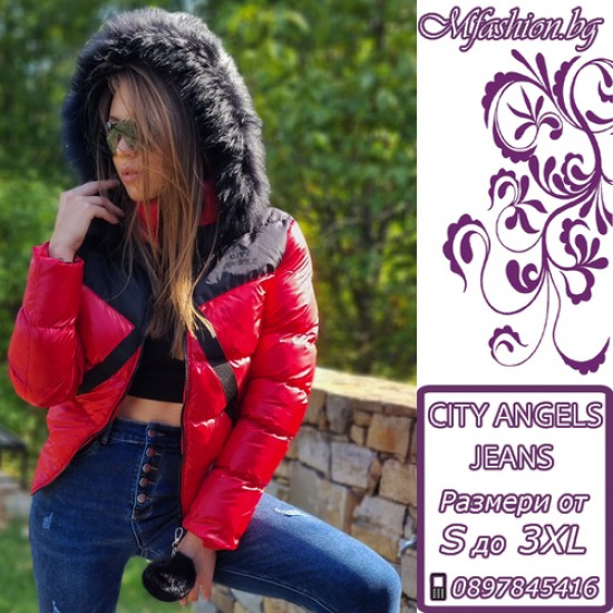 Дамско пухено яке с качулка, City Angels Jeans, Червено, 6846 Дамско пухено яке с качулка, City Angels Jeans, Червено, 6846